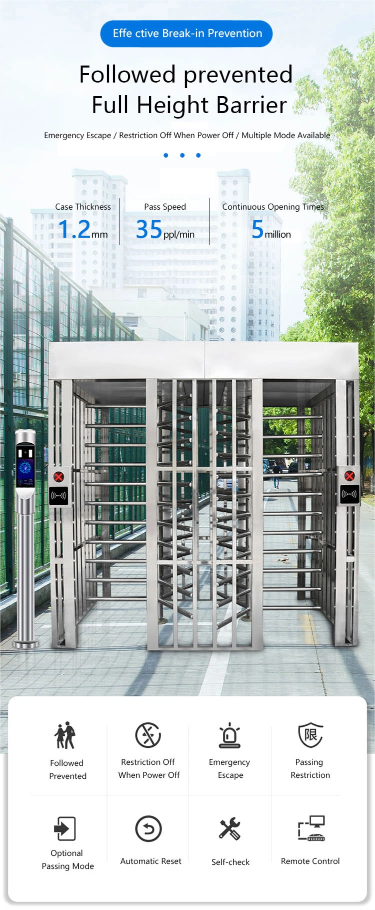 Single Passage 304 Stainless Steel Full Height Turnstile Access Control Pedestrian Gate System